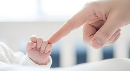 Obraz premium Closeup of a babys tiny hand gently holding onto their parents finger, symbolizing the precious bond and love between a child and their caregiver