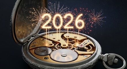Vintage Pocket Watch with Illuminated 2026 and Fireworks for New Year Celebration