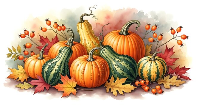 Watercolor illustration of a vibrant autumn harvest display featuring various orange pumpkins, green striped gourds, colorful fall leaves, and red berries.