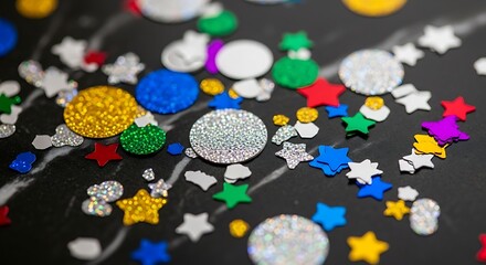 Colorful Glitter and Star Confetti on Black Surface for Celebrations