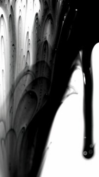 Extreme macro video of viscous obsidian black ink bleeding, diffusing, forming feathery tendrils on pristine white, transforming to black. Abstract fluid art transition