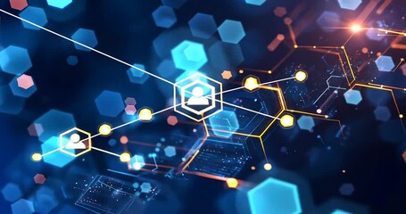 Abstract digital network with glowing hexagons and user icons representing connectivity - Powered by Adobe