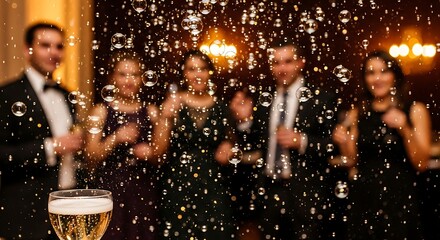 Elegant Formal Party Guests Celebrating with Champagne in Luxurious Ballroom