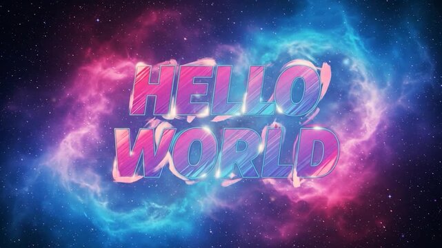 Hello World text with vibrant cosmic background - Powered by Adobe