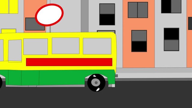 Animated video with a bus passing by on the street in cartoon style, art, drawing.
