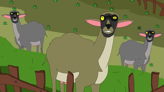 Animated video with three goats in a pasture in cartoon style, art, drawing.