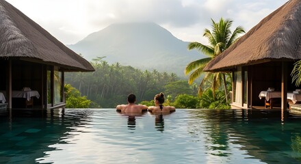 Couple Enjoying Luxury Resort Pool With Mountain View in Ubud, Bali © ArtSync Studio