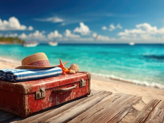 Vintage suitcase with beach towel and straw hat by the ocean