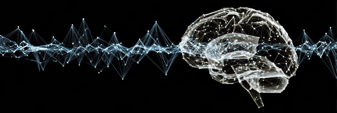 Neural Connections Illustrated Through a Digital Brain and Wave Patterns Representing Thought and Data Exchange