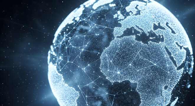Global network connection and communication concept with glowing digital nodes and lines spanning across the Earth's surface