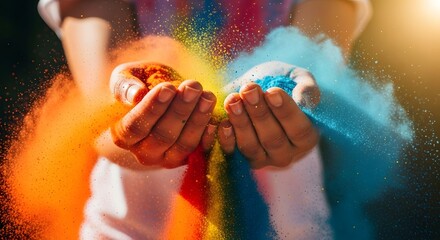 A vibrant explosion of colors erupts from cupped hands, creating a mesmerizing display of orange and blue powder, symbolizing joy and celebration