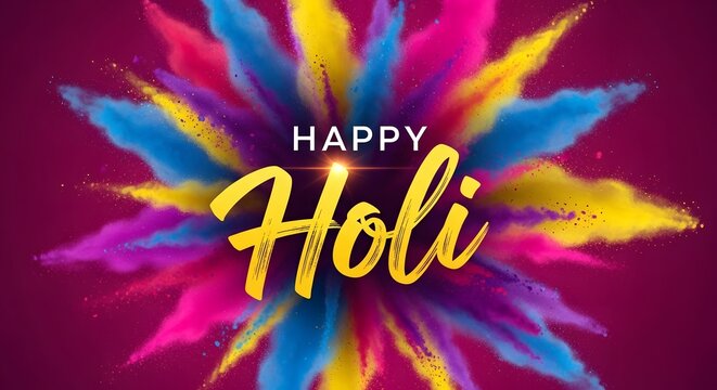 Celebrate the vibrant festival of colors with this stunning illustration featuring colorful powder explosion and the words happy holi on a dark background