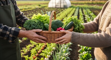 Hands Passing Basket of Fresh Vegetables in the Field at Local Farm