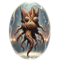 Mystical wooden entity with swirling roots and branches, resembling a tree spirit, encased in a glowing orb, isolated on transparent background