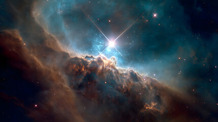 Fototapeta premium Shining star illuminating cosmic dust nebula in deep space