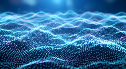 Abstract Digital Ocean Waveform of Blue and Pink Particles Flowing Across a Dark Background with Light Streaks