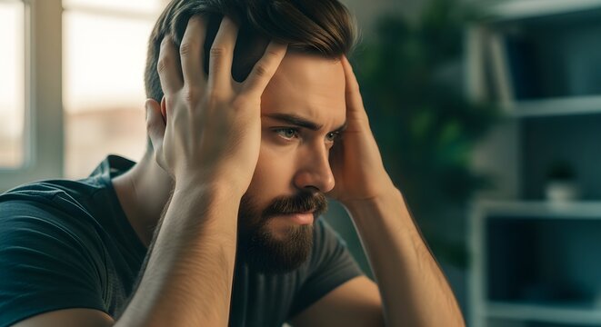 Man Expressing Frustration and Worry with Hands on His Head at Home