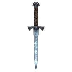 A mystical glowing dagger with a textured hilt, featuring a sharp blade emitting a faint blue light, isolated on transparent background
