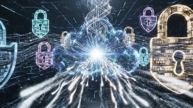 Digital security concept featuring glowing padlock icons with data streams and DNA strand futuristic cyber network environment showcasing encryption, protection, and advanced technology for cyber - Powered by Adobe