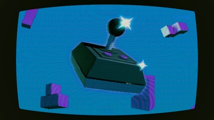 A retro video game joystick and purple pixelated blocks floating on a blue screen, viewed through a vintage CRT television. - Powered by Adobe