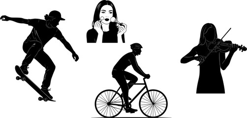 Silhouette illustration of skateboarding, sunglasses gesture, cycling, and violin playing, black and white concept art showing lifestyle and hobbies