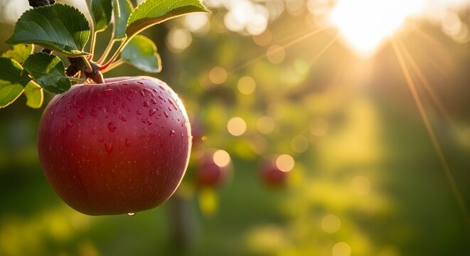 A ripe red apple glistens with morning dew, hanging temptingly from a branch in an orchard bathed in the warm glow of the rising sun