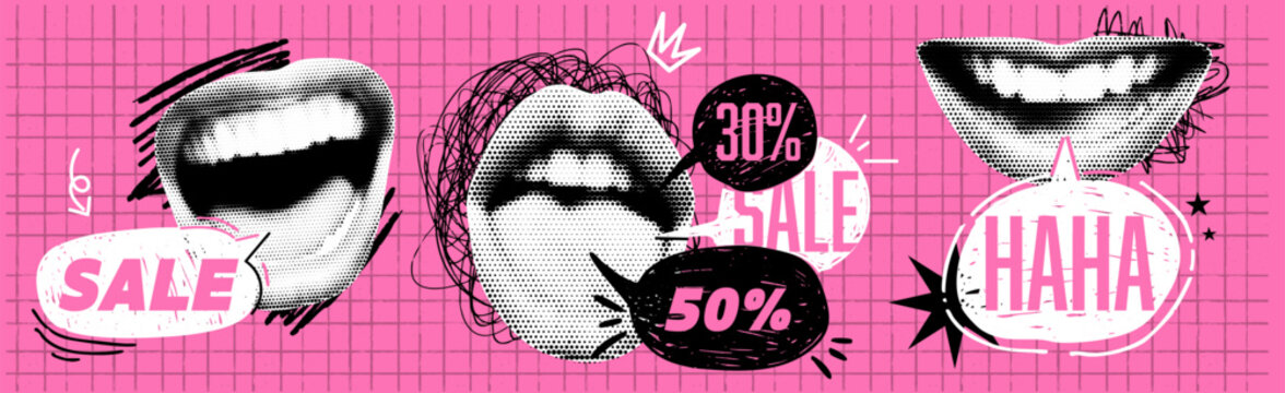 Set of collage mouth with speech bubbles. Concept of sale. Scribble and halftone effect. With irregular stars and pink checkered bg. Fun and bold vector illustration in popart trendy collage style.