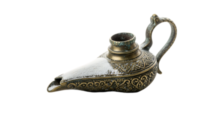 Ornate antique genie lamp with white powder, isolated on transparent background