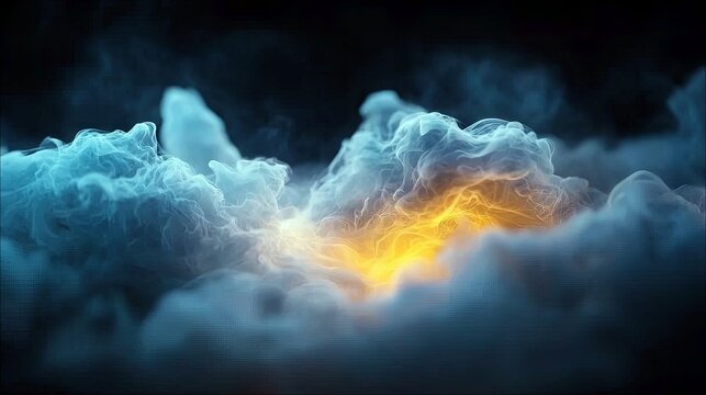 Abstract swirls of smoke in dark background, illuminated by a bright yellow light at the core and surrounded by cool blue tones.