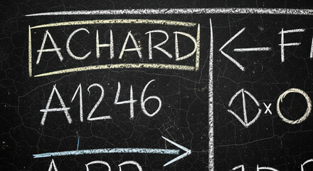 Detailed close-up of a rustic chalkboard with chalked "achard" highlighted and various symbols.