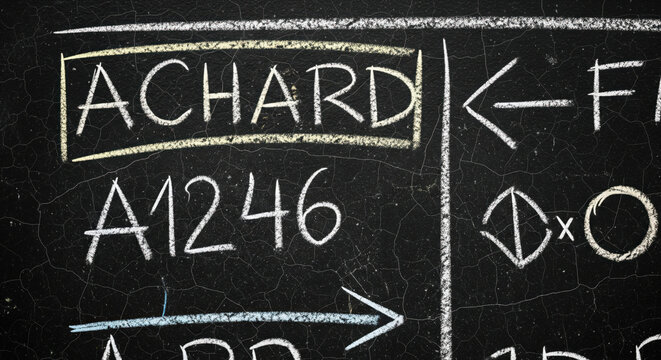Detailed close-up of a rustic chalkboard with chalked "achard" highlighted and various symbols.
