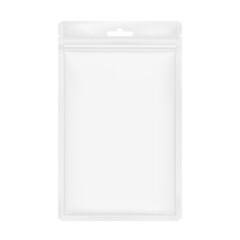 Sachet mockup with zip lock and tear notch. Hyper realistic. Vector illustration isolated on white background. Flat lay view. Packaging for cosmetic, food, pet. Ready for your design. EPS10.