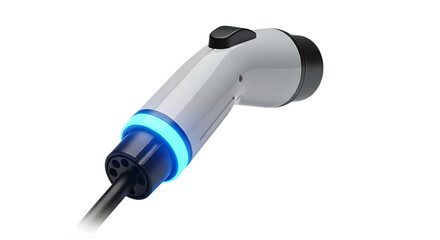 Electric vehicle charging connector with blue light isolated on transparent background