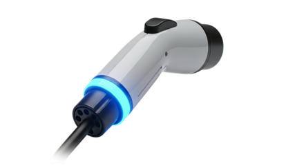 Electric vehicle charging connector with blue light isolated on transparent background