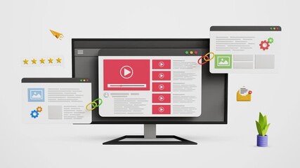 Content Advertising, Promote Video Content, Web Optimization, Link Building, SEO strategy, Improved Search Rankings. Video Web Page Linked to Others Pages for Organic Growth on a Computer. 3D Video