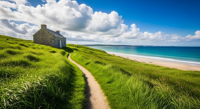 A scenic path leads to a charming stone cottage nestled on a lush green hillside overlooking a pristine beach and the turquoise ocean under a blue sky