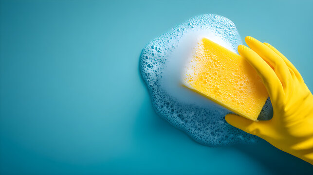 Gloved hand scrubbing surface using soapy sponge