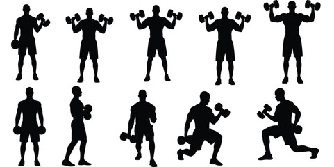 Dumbbell exercise silhouette set, strength training poses, standing, lunging, pressing, black on white, fitness icon