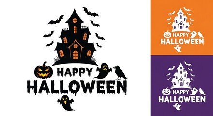 Happy halloween haunted house with bats, pumpkins, and ghosts vector design
