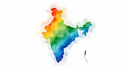 Watercolor map of india isolated on white background, showcasing vibrant colors and intricate details, perfect for travel, education, and design projects