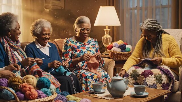 Joyful Elderly African American Women Knitting and Socializing Together.