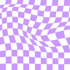 Distorted chessboard background in 2yk style. Visual chequered illusion. Dizzy psychedelic pattern with warped purple and white squares. Trippy checkerboard surface. Vector flat illustration