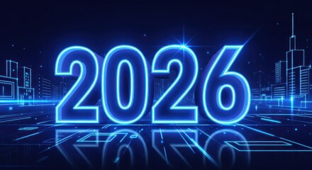 Neon 2026 futuristic design with digital city background illustration