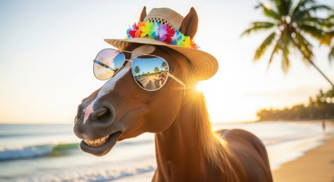 Horse on beach wearing sunglasses and hat with flowers