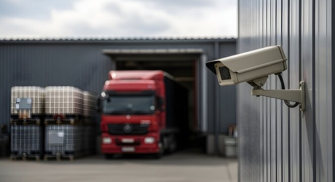 Surveillance Camera Monitoring a Truck at a Loading Dock with Cargo