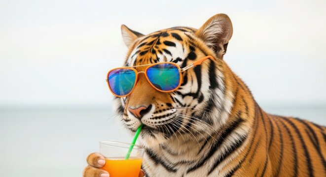 Cool tiger wearing sunglasses drinking orange juice