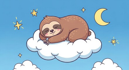 Naklejka premium Cute sloth sleeping on a cloud with stars and moon