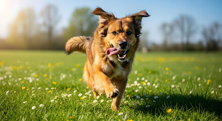 Joyful dog running at full speed through a sunlit meadow, tongue out, ears flopping, embodying pure canine happiness and freedom