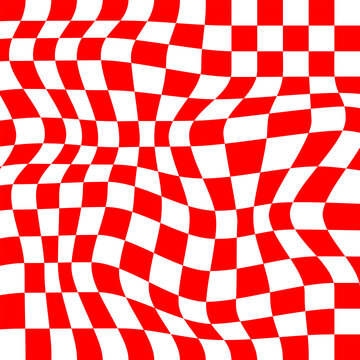 The concept of a red distorted chessboard. Abstract 3D illusion. Vector illustration.