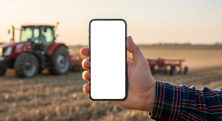 Farmer Displaying Mobile Phone with Tractor in Field for Agricultural Technology